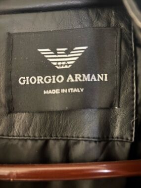 Giorgio Armani Black Leather Jacket with White Logo